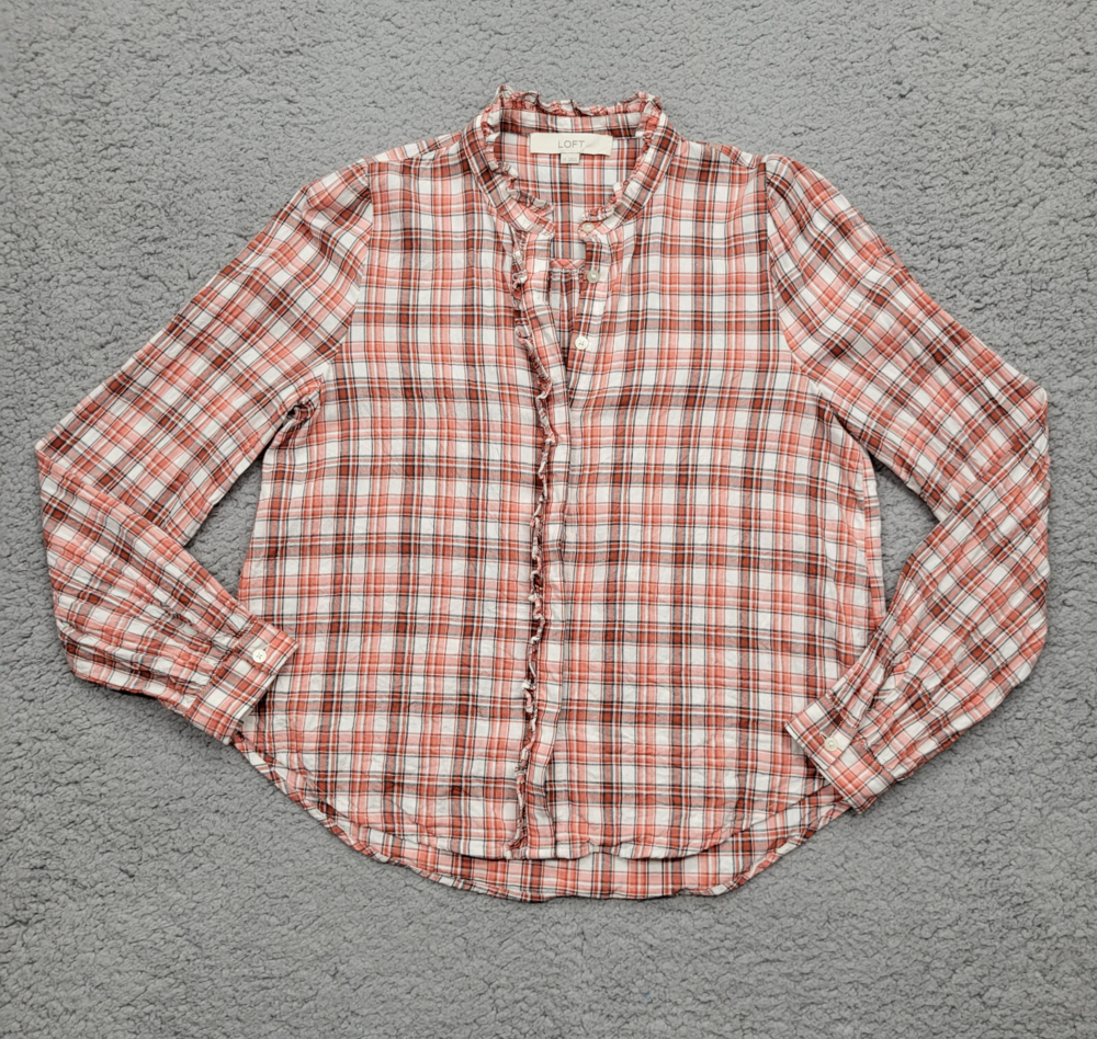 Ann Taylor LOFT Shirt Womens Extra Small Pink White Red Plaid Long Sleeve